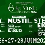 Affiche officielle de l'Eole Music Experience 2026 avec la programmation des 26, 27 et 28 juin