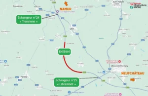 Carte du chantier E411/A4 entre les echangeurs 24 Transinne et 25 Libramont vers Neufchateau